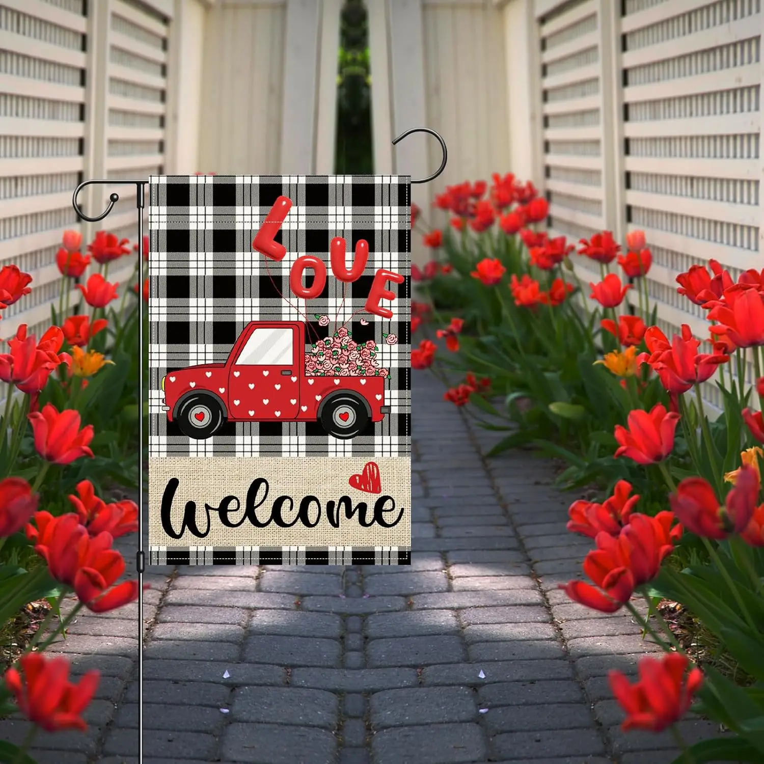 Red Truck Garden Flag Double Sided 12x18 Inch Red Heart Plaid Love Sign Welcome Yard Flag Farmhouse Outdoor Decor Burlap XAA SSL