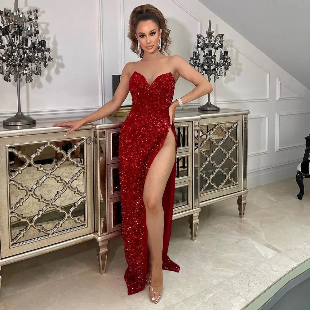 

Sparkly Red Sequins Evening Dresses Mermaid High Split Sider Sweetheart Neck 2023 Charming Women Formal Prom Gowns Maix Party