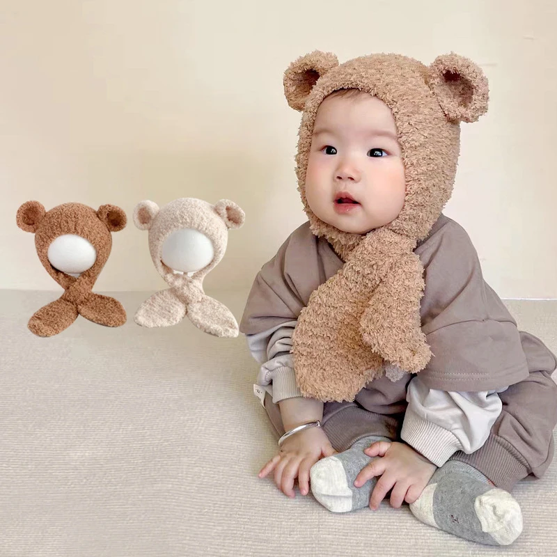 

Winter One Piece Baby Scarf Hat Cute Kids Plush Ear Protection Cap 4-24M Boy Girl Warm Headgear Bonnet Children Hooded Beanies