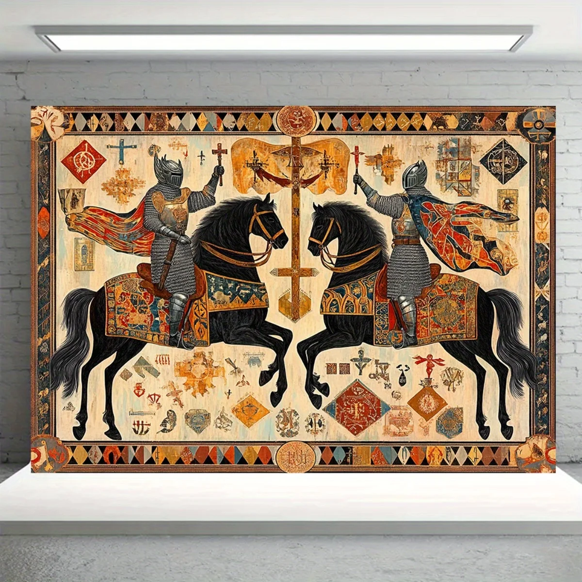Vibrant Medieval Knights on Horseback Tapestry Wall Hanging for Gothic or Renaissance Inspired Decor
