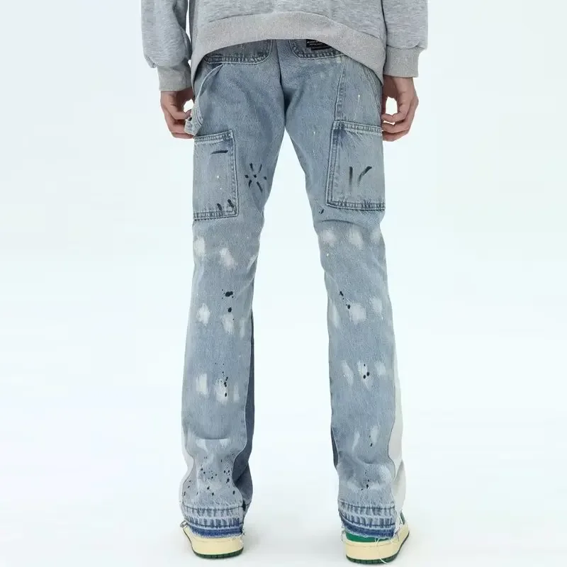 

2024 AOSHIYA Painting Patch Baggy Stacked Jeans Y2K Flare Cargo Pants For Men Clothing Washed Blue Denim Trousers Pantalon Homme