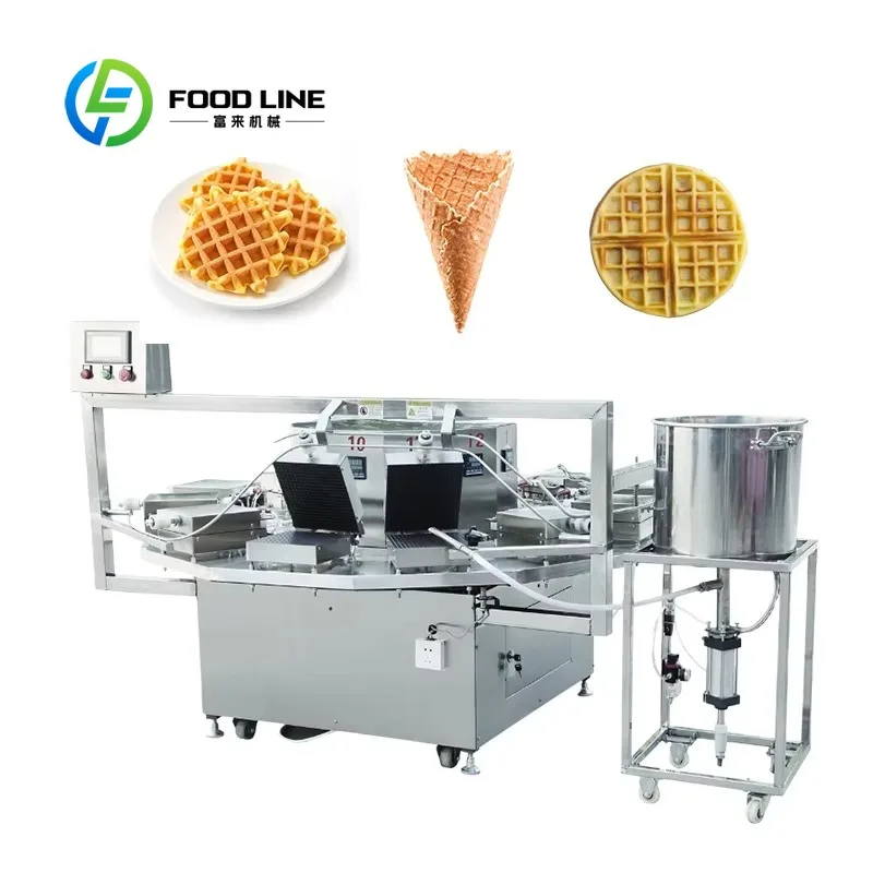 Customize Rotary Industrial Waffle Cone Production Line PLC Automatic Waffle Maker Wafer Biscuit Making Machine For Snack Bakery
