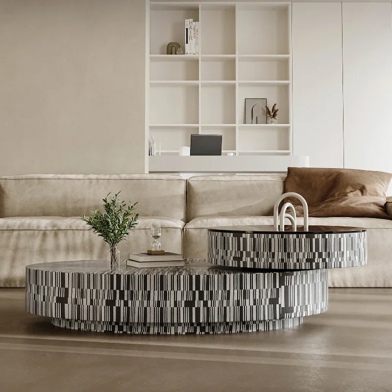 

Minimalist Rotating Coffee Table Zebra Pattern Living Room Home Small Apartment Modern Minimalist Glass Grid Black Tea Table