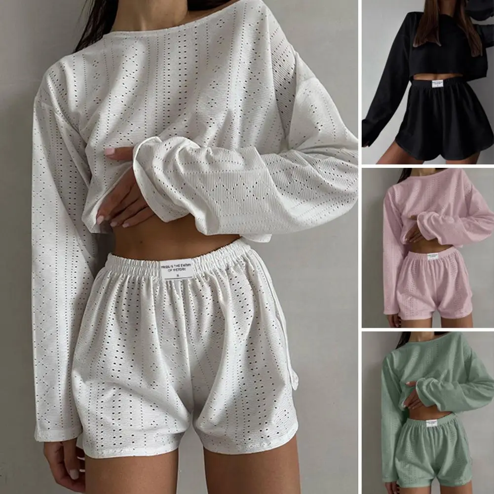 

Women's Pajamas Set Spring Long Sleeve Tops With Shorts Sleepwear 2 Piece Set Loose Round Neck Home Wear Loungewear Pyjama Femme