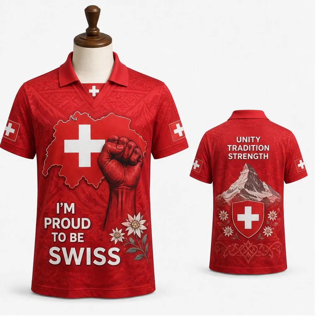 Mens Switzerland Map Fist Cross Mountain Graphic Semi Polo V Neck T Shirt Short Sleeve Casual Patriotic Alpine Jersey Top Active