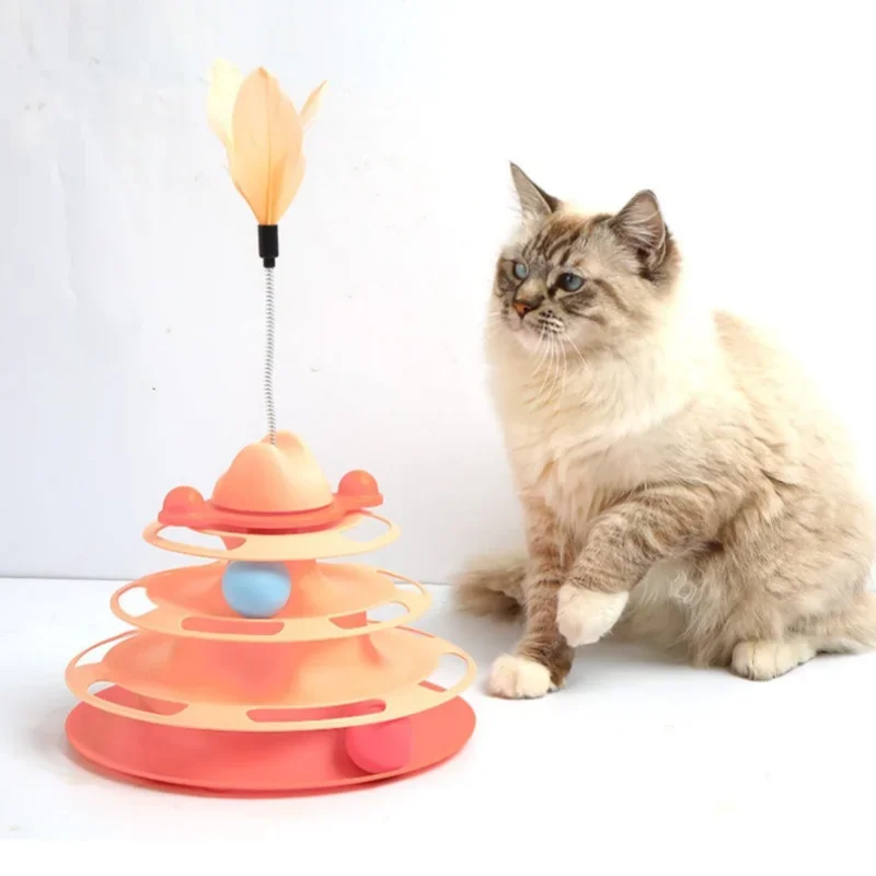 Cat Toy Rotating Ball Four Layer Cat Amusement Plate Automatic Cat Playing Stick Feather Cat Rotating Ball Space Tower Game Toy