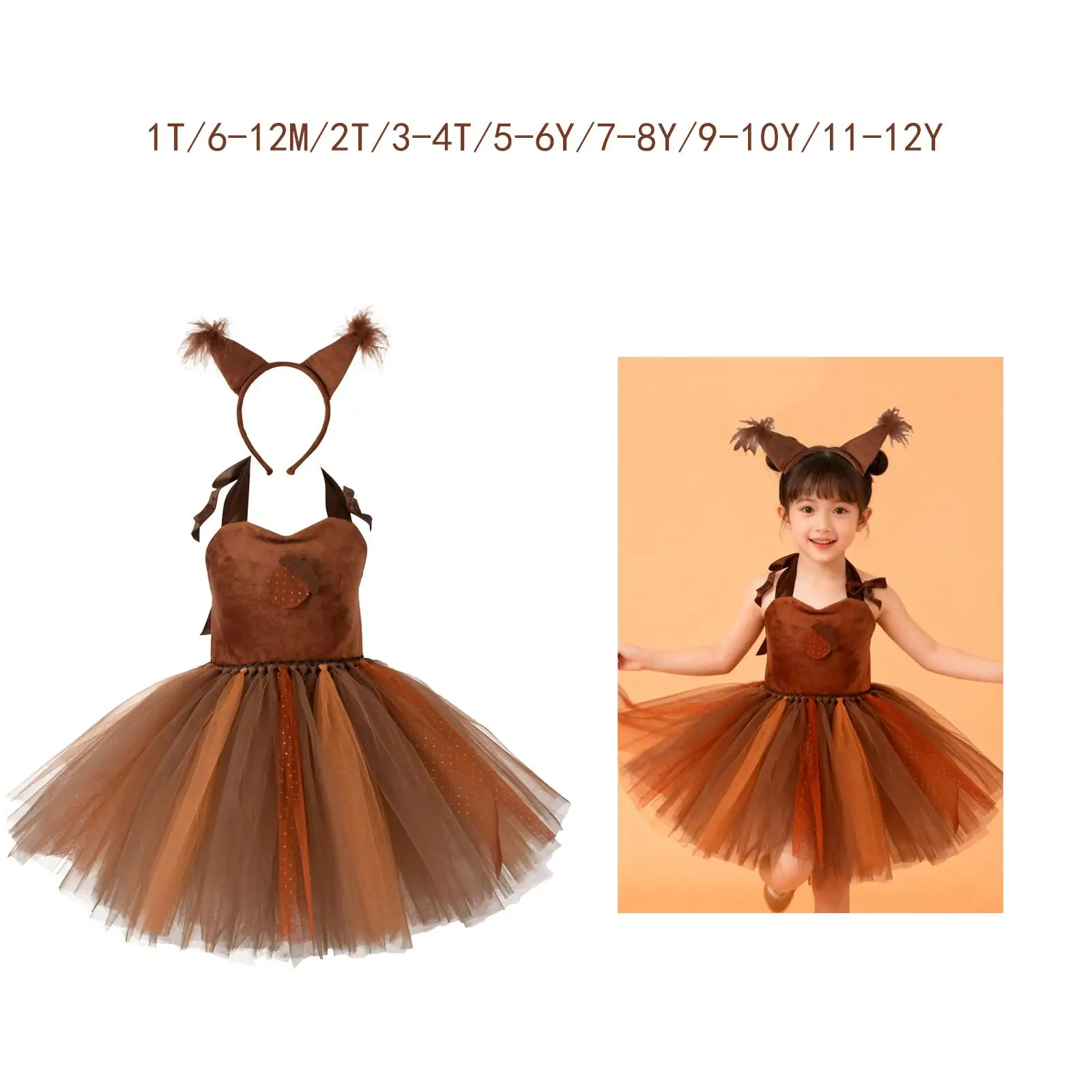 

Girls Fluffy Squirrel Cosplay Dress Tulle Animal Princess Costume Set with Headband for Halloween Christmas Party Events