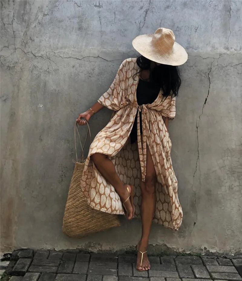 ผู้หญิงขนาดบวกยาวขึ้นปกบิกินี่Coverupsกิโมโนผูกด้านหน้าชุดว่ายน้ําชุดว่ายน้ําB Eachwear