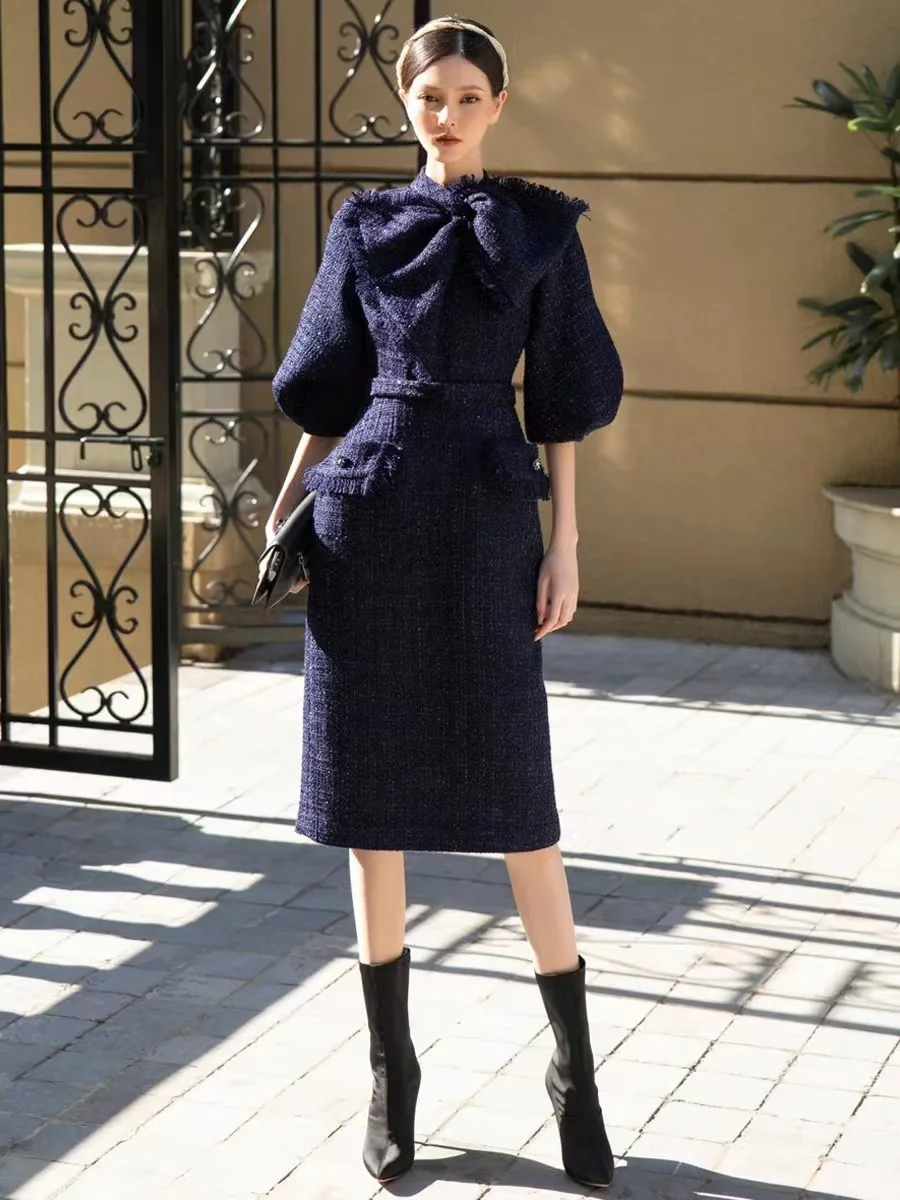 

Elegant Tweed Big Bow Slim Dresses Spring Women O Neck Puff Sleeve Dress Autumn Female High Waist Straight Knee-length Dress