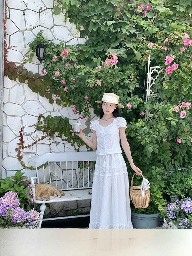 

No Errors Heavy Embroidery Two-Way Wear f Skirt Set Summer New Sle Faionable Cotton Suit with V-Ne And ort Sves