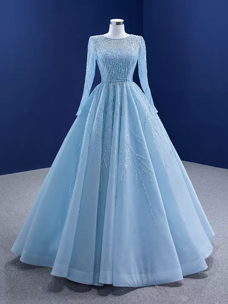 

O-Nit bead Evening dress, Blue Dress with Long Sleeve