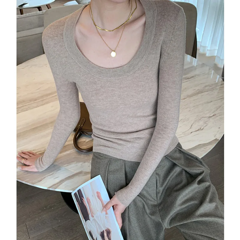 

Women U-Neck 100% Wool Sweater Autumn Winter Slim Long Sleeve Solid Color Bottoming Knitwear