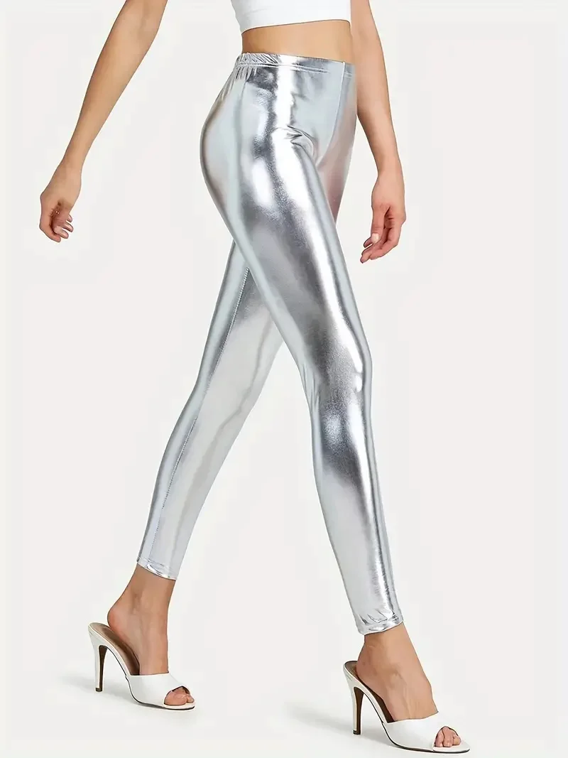 Bright leather nine-point pants high spring silver imitation leather fashion solid color leggings PU leather pants for women