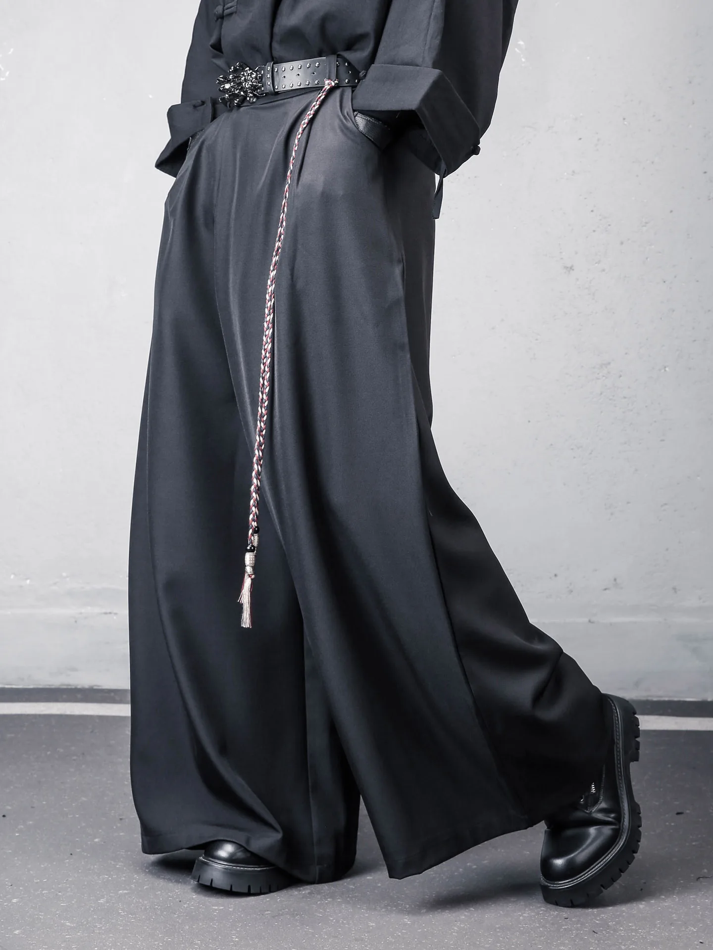 Loose Men's Wide Leg Pants A-Line Design Casual Long Trousers Draped Style Dark Color New Chinese Style Fashionable Straight Cut