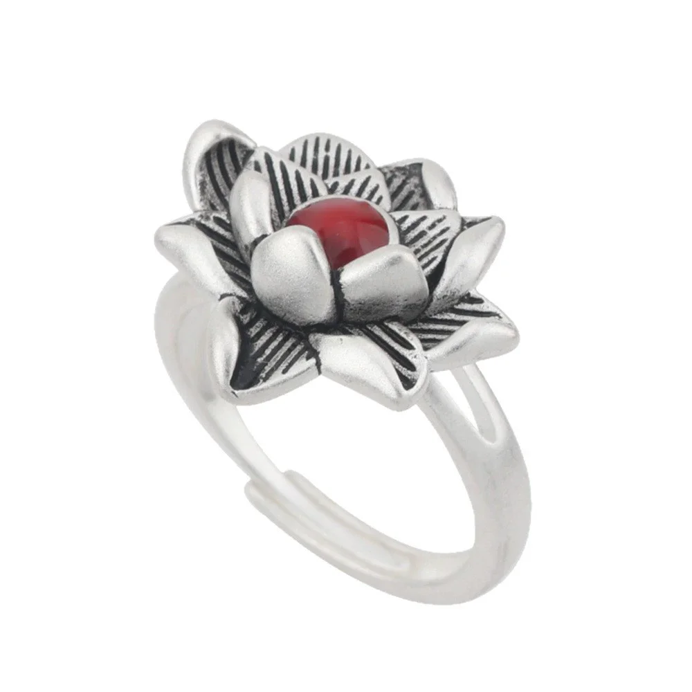 خمر التايلاندية الفضة الحجر الأحمر زهرة اللوتس قابل للتعديل خواتم الاصبع للنساء موضة جديدة مجوهرات حفلة هدية عيد الحب