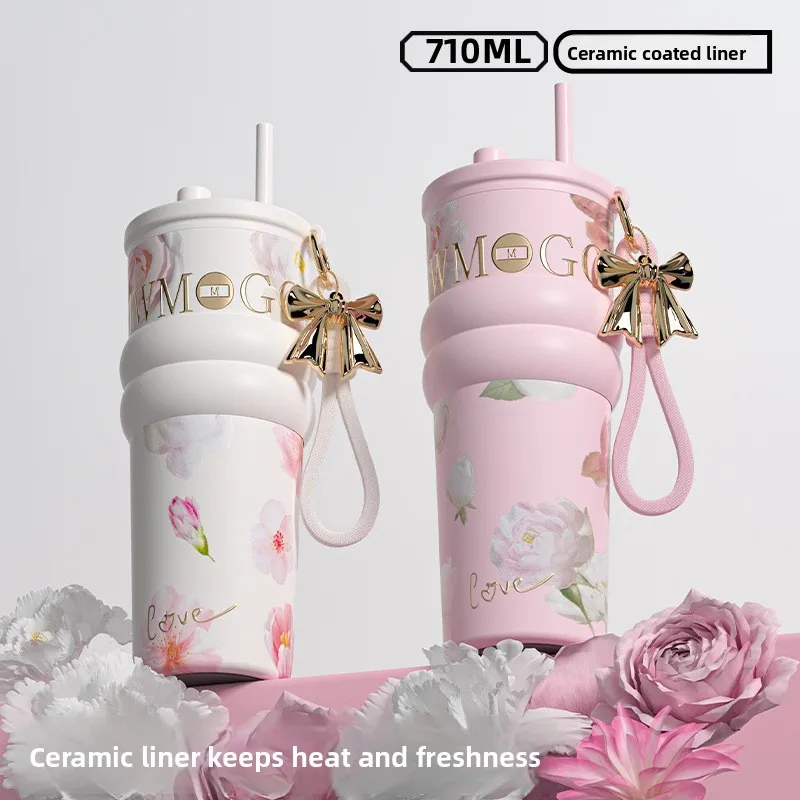 

700ml High Aesthetic Insulated Cup, Large Capacity Ceramic Inner Straw Cup, 316 Stainless Steel Vacuum Flasks, Birthday Gift
