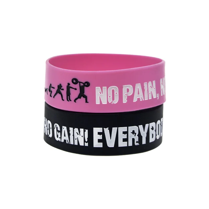 25 Pcs Everybody Fit Silicone Bracelet No Pain No Gain Inspirational Wristband One Inch Wide Black And Pink