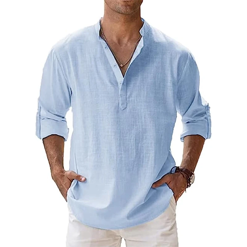 New Mens Linen Henley Collar Cotton Shirts Casual Long Sleeve Shirt Button Down Loose T-Shirt for Men