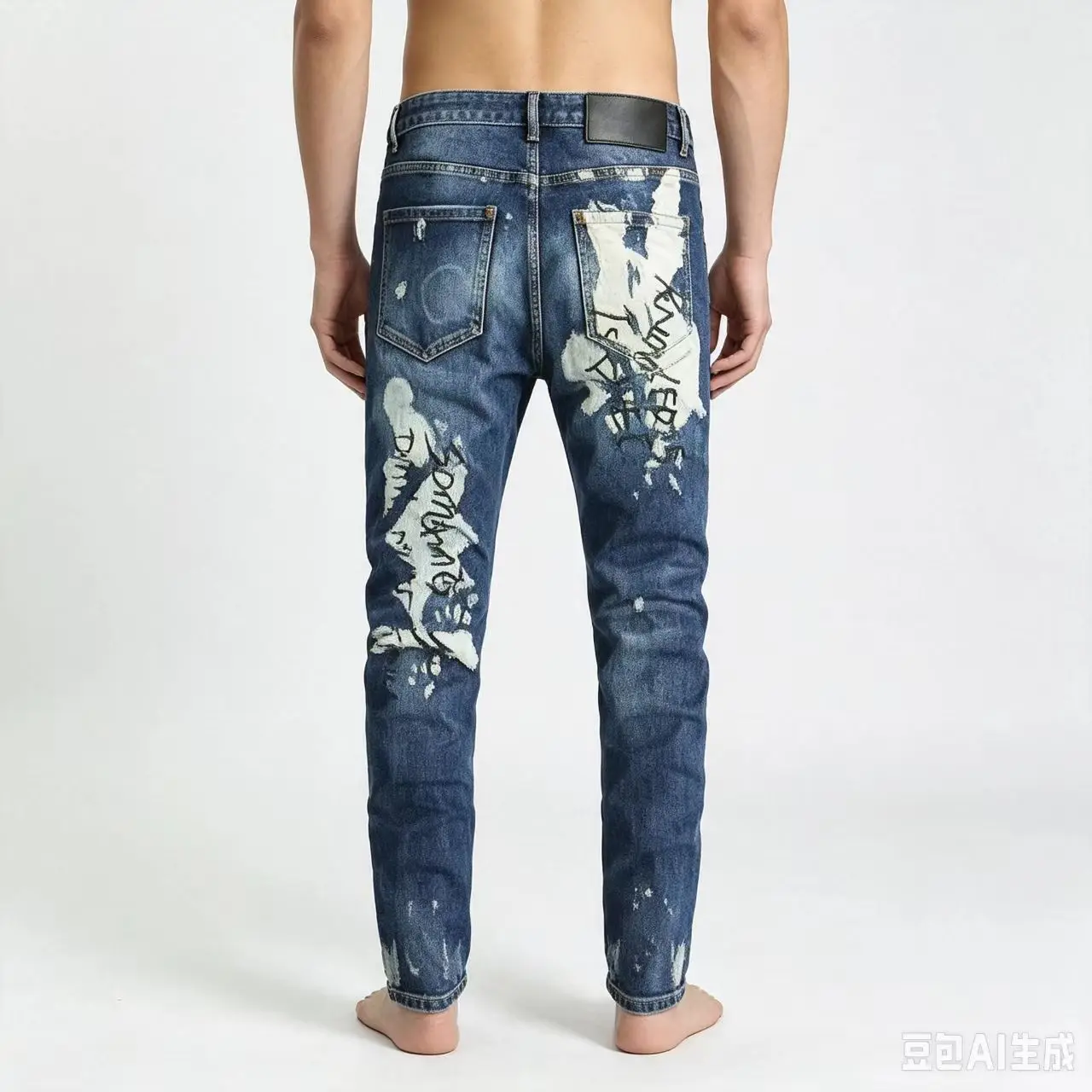 Fashionable new men's jeans with paint scratches, washed nostalgic stretch slim fit blue jeans, high street hip-hop pants