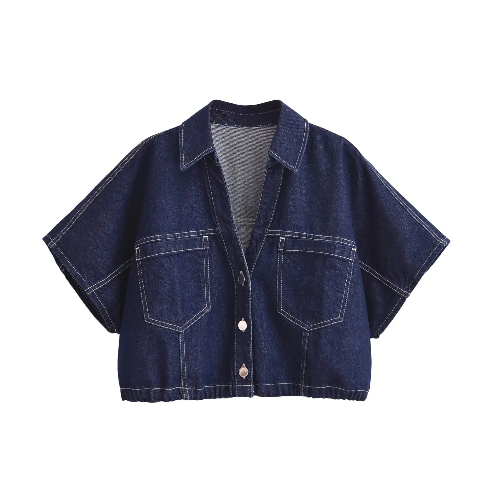 

WOMAN 2026 Summer Chic New Fashion Single-breasted Blouses Retro V Neck Shorts Sleeve Pockets Casual Female Shirts Blusas Tops