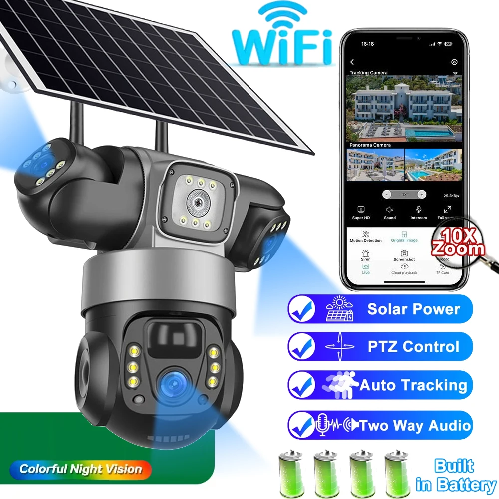 

Three Lens Three Screens WIFI IP Camera 12MP HD 6K Outdoor Waterproof 10X Security Protection CCTV Home Surveillance Cameras