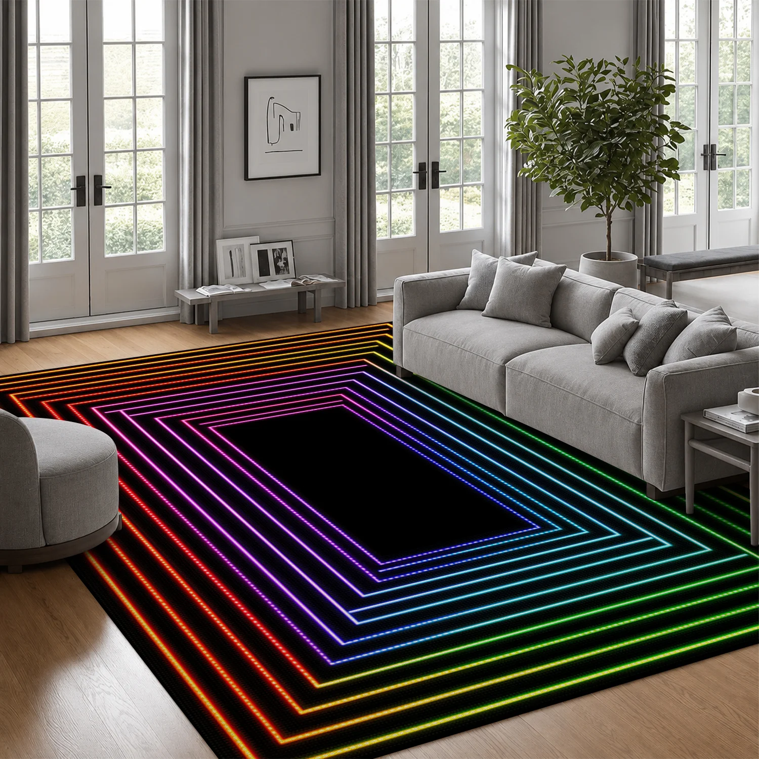 Neon Rainbow Rectangular Line Design Area Rug, Velvet Material, Machine Washable, Suitable for Living Room, Bedroom, Office, Entryway, Ideal for Halloween, Thanksgiving, Black Friday, Christmas, New Year Home Decoration