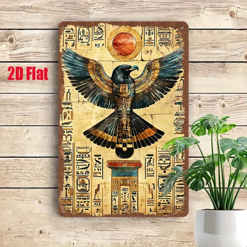 1PC 8x12in 2D Flat Metal Sign Vintage Egyptian Eagle God Pattern Tin Plaque Gold Blue Feather Hieroglyphic Wall Decor for Hallow