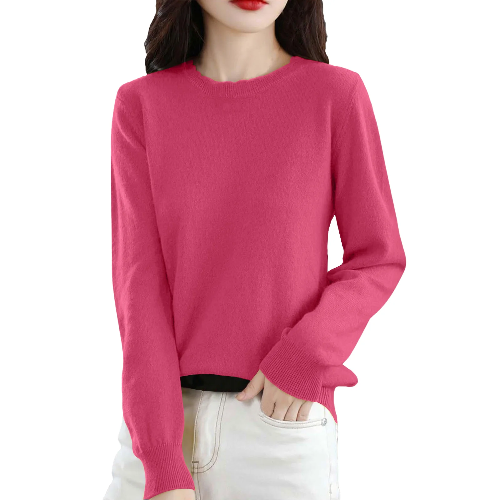

Women'S Casual Lace Round Neck Base Layer Knitted Long Sleeve Solid Color Sweater Ropa De Mujer Sweater De Mujer Pull Femme