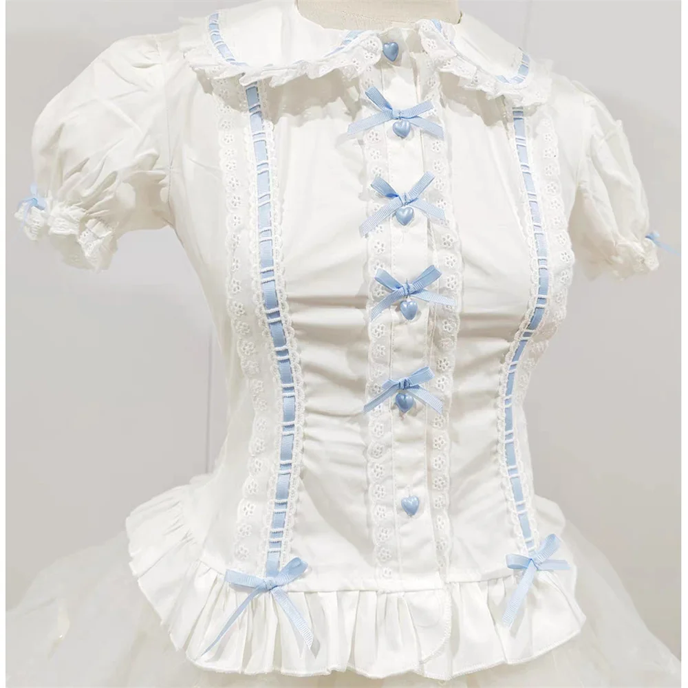 Preppy Stijl Leuke Peter Pan Kraag Kanten Ruches JK Shirts Lolita Shirt Vrouwen Boog Slanke Blouses Meisje Bladerdeeg Mouw Blusas Mujer Tops