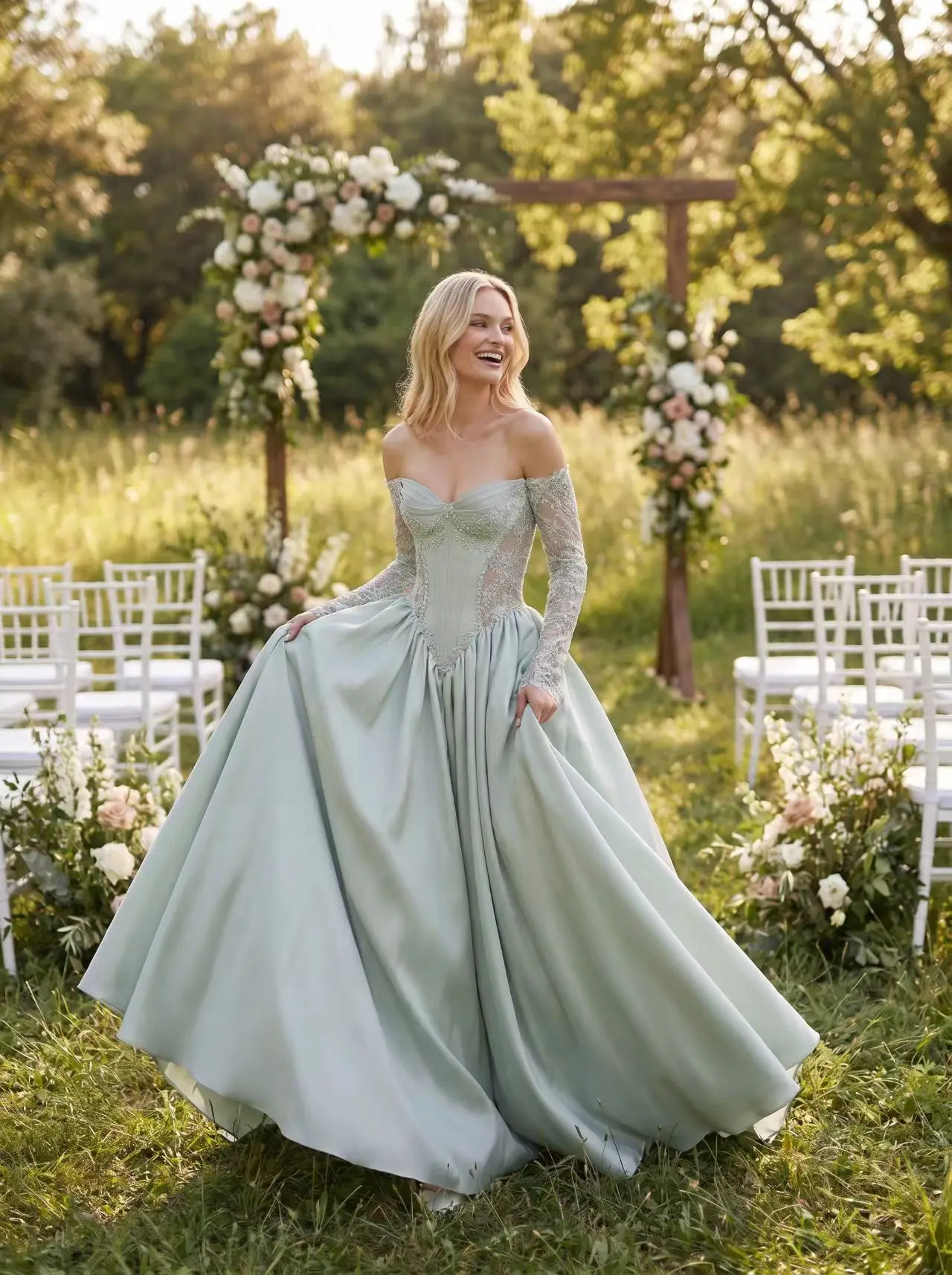 

Elegant Green Heart-Shape Fishtail Strapless Satin Wedding Dress Heavy-Duty Lace Design