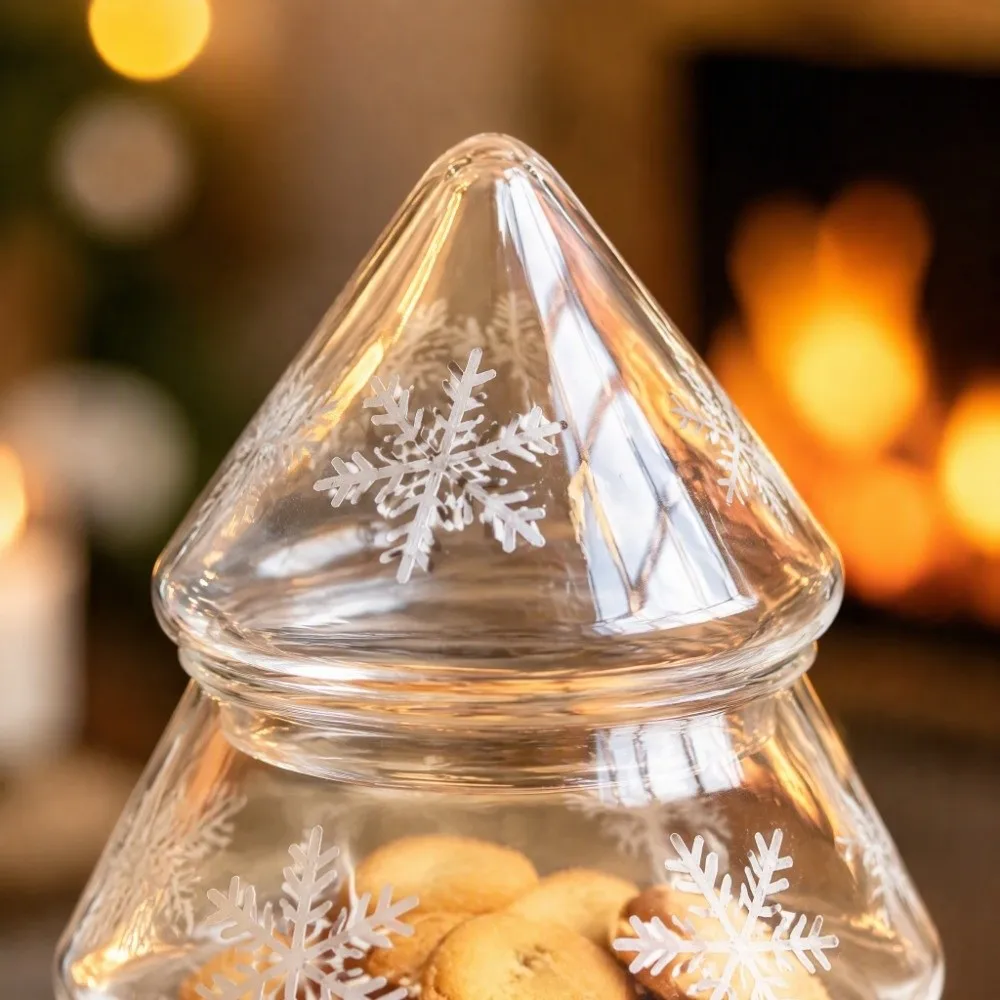 Snowflake Pattern Glass Christmas Tree Jar Large Capacity Stylish Xmas Candy Jar Transparent With Lid Cookie Jar