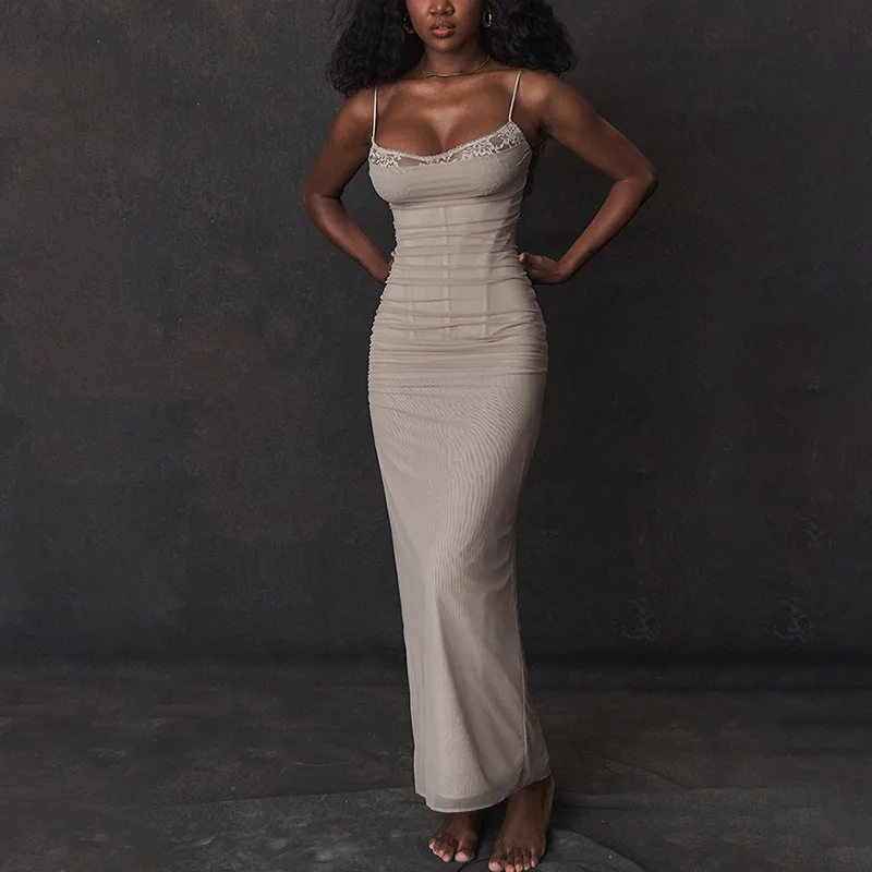 

DriftWear Strap Sexy Low Cut Slim Fit Prom Dress Slim Fit Fishboned Lifting Maxi Dress Sleeveless Summer Bodycon Hot Party Dress