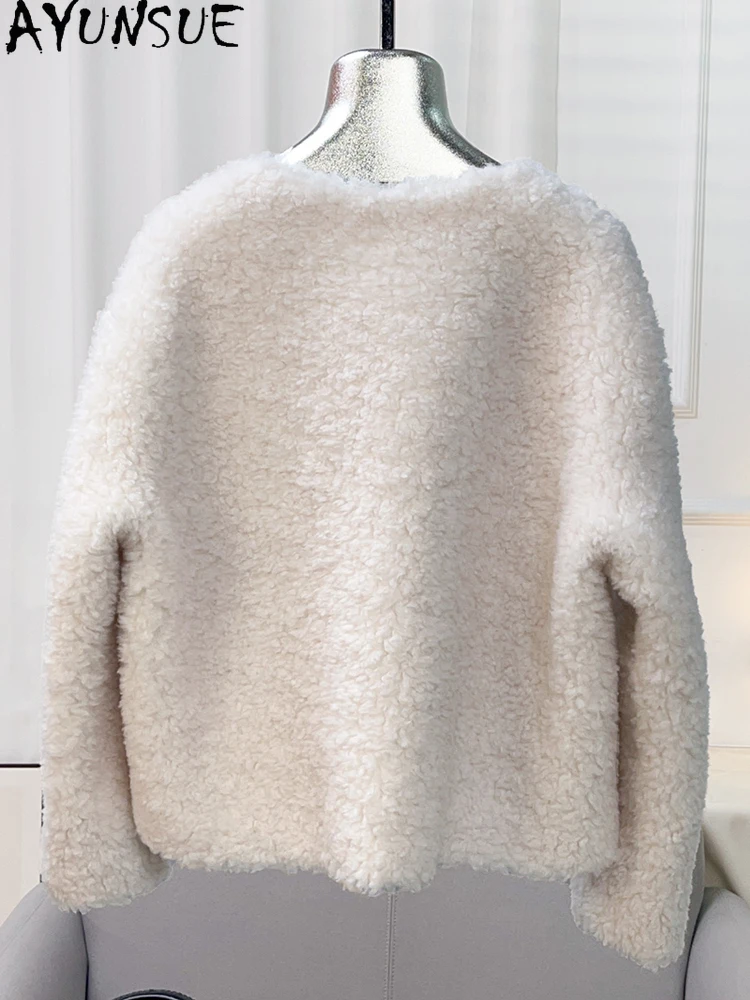 AYUNUSE 2025 가을 겨울 100% 천연 양모 여성 자켓 v 넥 우아한 모피 자켓 여성 의류 고품질 Abrigo Mujer