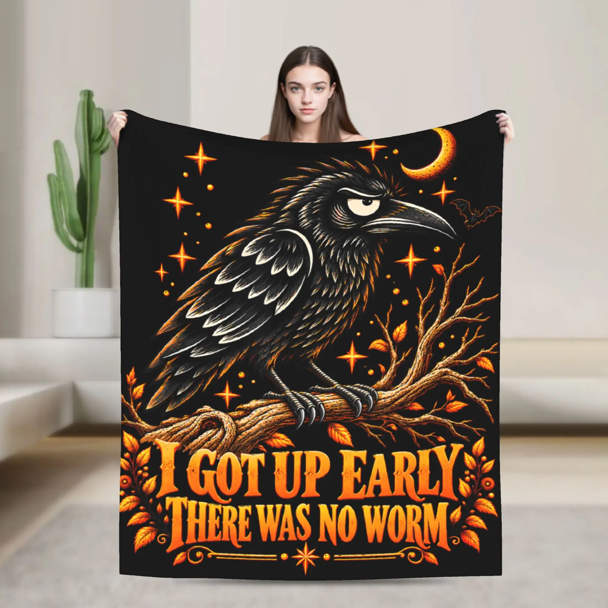 I Got Up Early There was No Worm Morning Humor Raven Warm Cozy Blanket  Aesthetic Picnic Throw Blanket  Bedspread Sofa Bed Cover