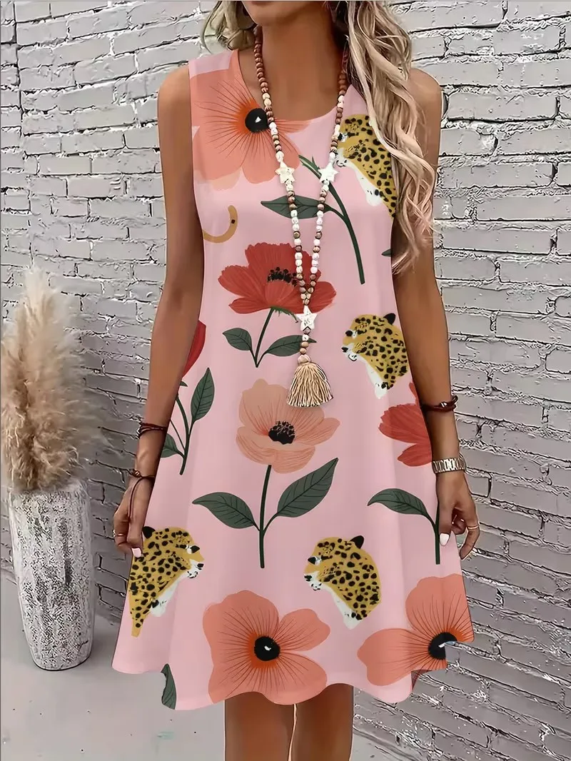 3D floral pattern dress, summer sleeveless round neck casual vacation dress Vestidos De Mujer
