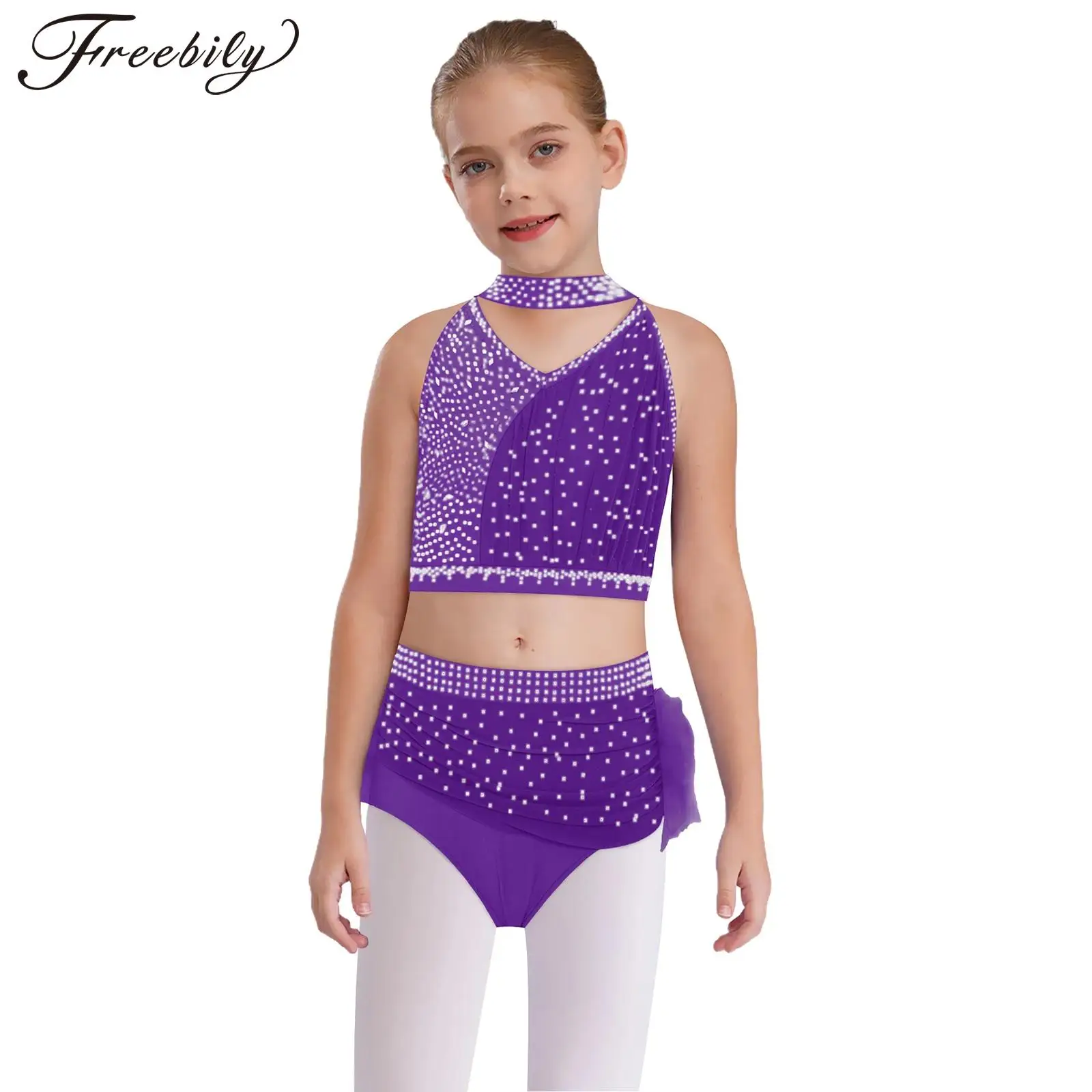 Tenue de patinage artistique pour enfants filles, Costume de gymnastique de Ballet de danse latine Jazz, haut court sans manches avec strass et slip en plumes