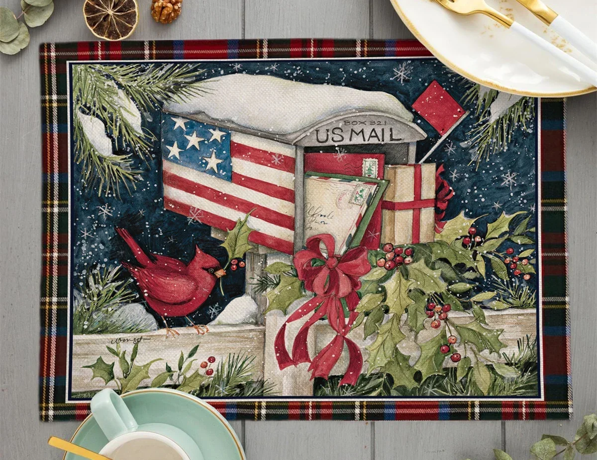 Christmas Decorations Placemat Xmas Coaster Coffee Cup Navidad 2024 New Year For Home Dining Table Linen Mat Decor 45X32CM