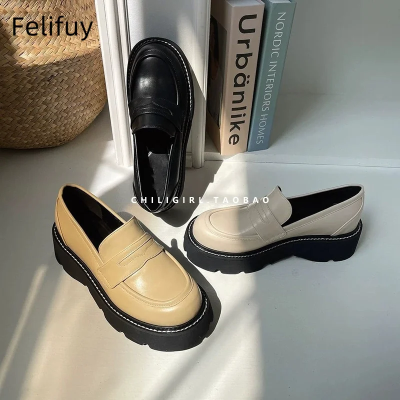 

Женские туфли дерби в британском стиле, осенние повседневные женские кроссовки без шнуровки, лоферы на платформе, туфли с круглым носком и неглубоким носком