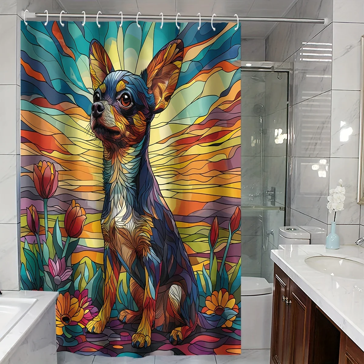 

Colorful Chihuahua Shower Curtain Artistic Dog Design Bathroom Decor Vibrant Stained Glass Style Water Resistant Curtain