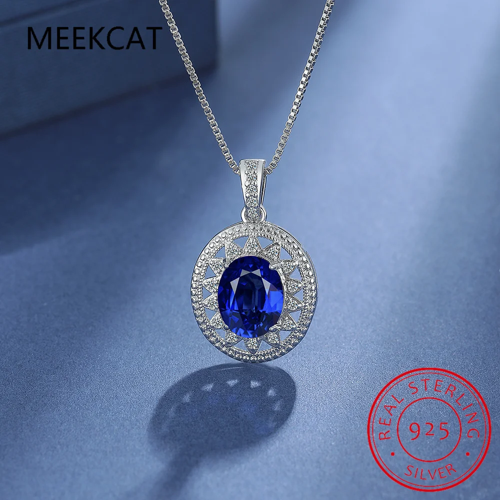 Oval 2.67ct Created Blue Sapphire 925 Sterling Silver Princess Diana Pendant Necklace Luxury Gemstone Jewelry Colar de Prata