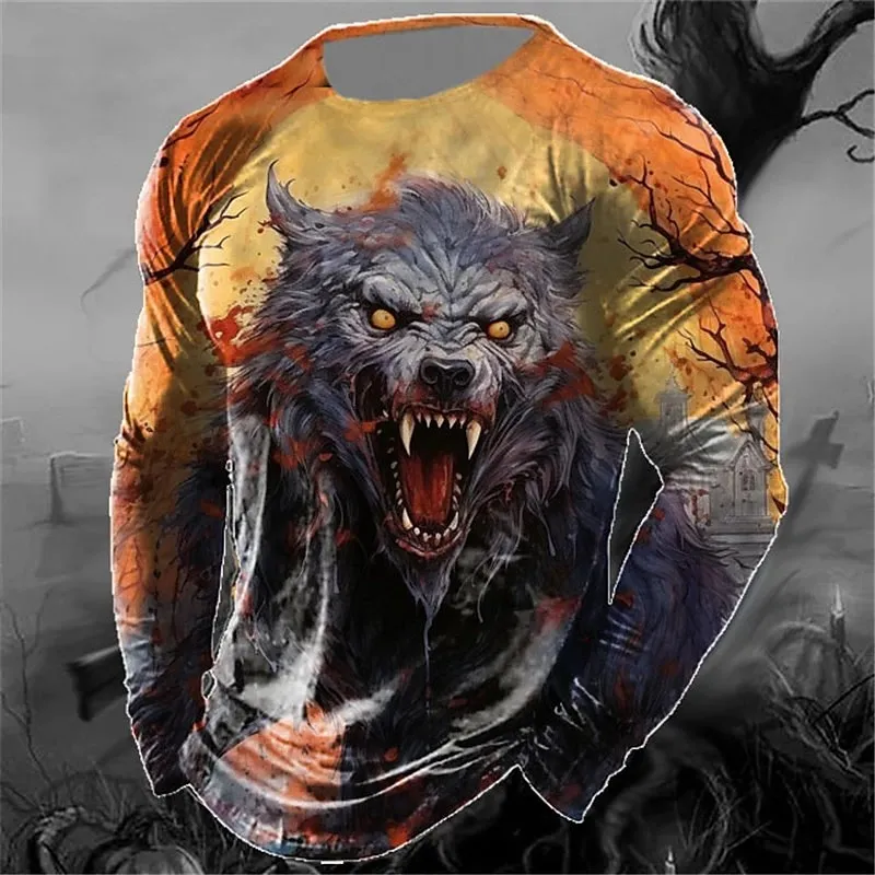 Men's T Shirt Animal Wolf 3d Print Blouse Halloween Long Sleeve Tee Vintage Fashion Man Clothing Autumn Casual Gothic Pullover