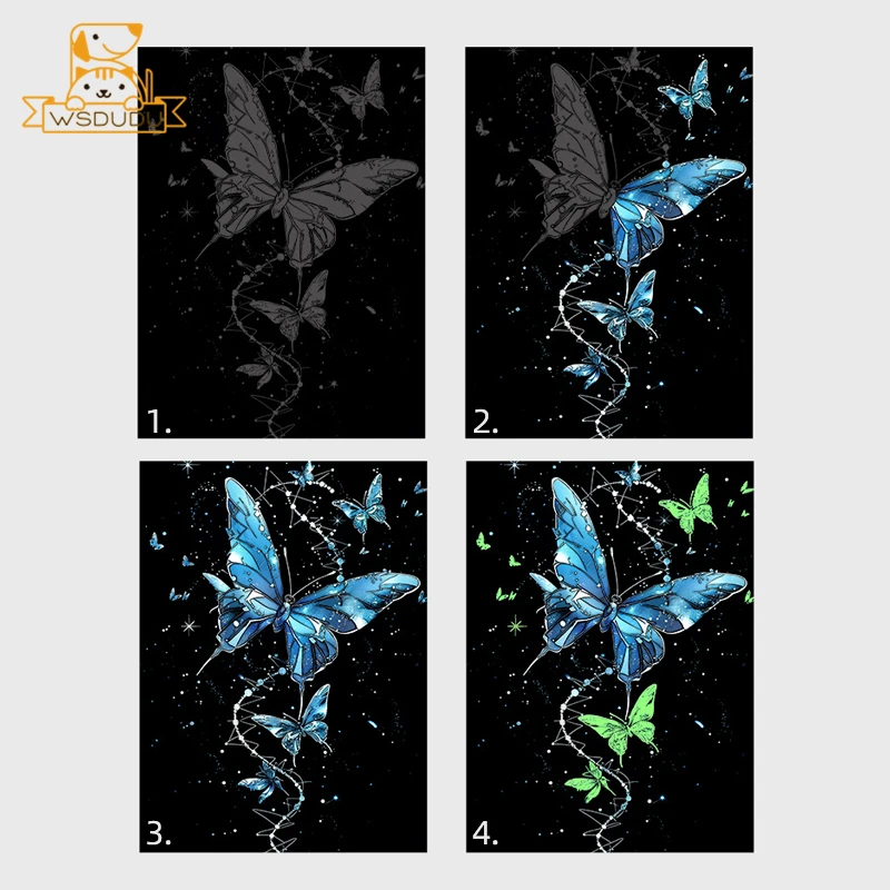 4PCS Glow in The Dark Whale Butterfly Scratch Painting Paper Art Magic Drawing DIY Toy with Pen Craft Card Game Child Adult Gift