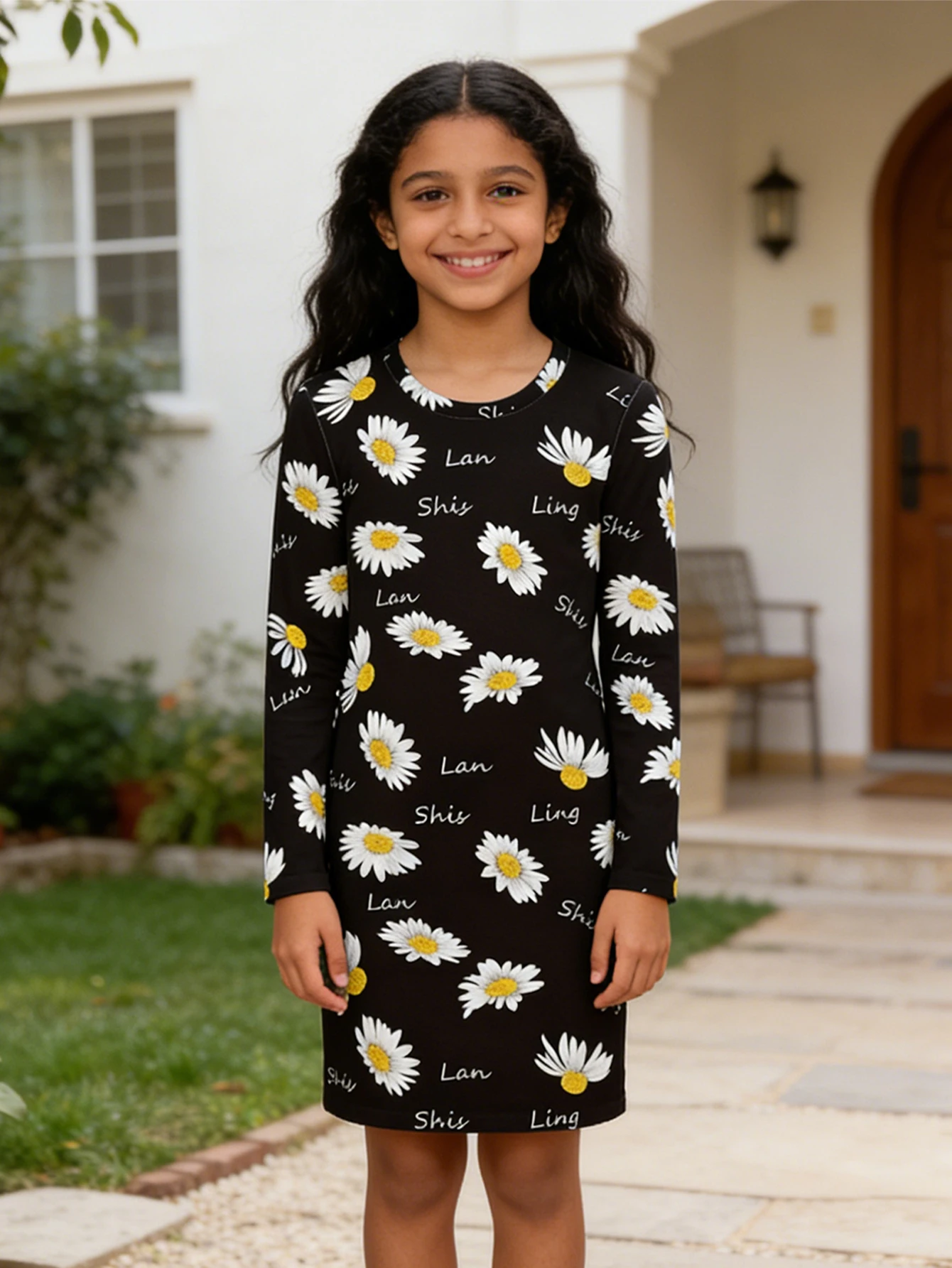 

2026 Girls daisy print slim-fitting long-sleeved dress, children's casual fashion dress