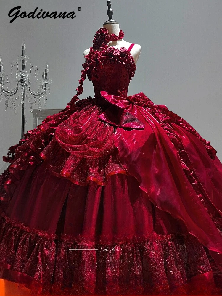 Original Burgundy Fish Bone Flower Wedding Dress Lolita Girl Women's Fairy  Lace Bow Slim Maxi Long Party Birthday Dresses - AliExpress