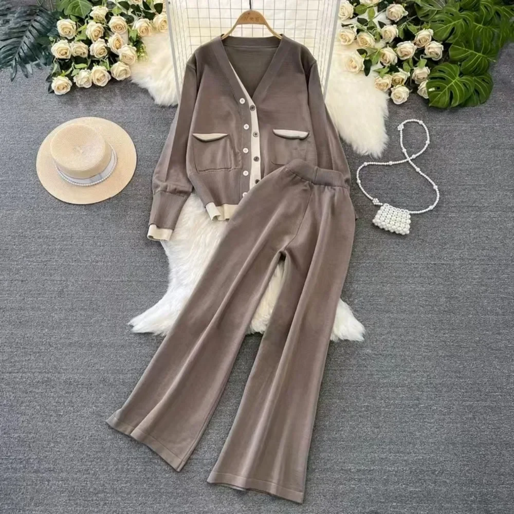 Women Chic Retro Two Pieces Sets Single Breasted v neck basics knit sweet High Waitst Wide leg pants Fashion Summer Sets