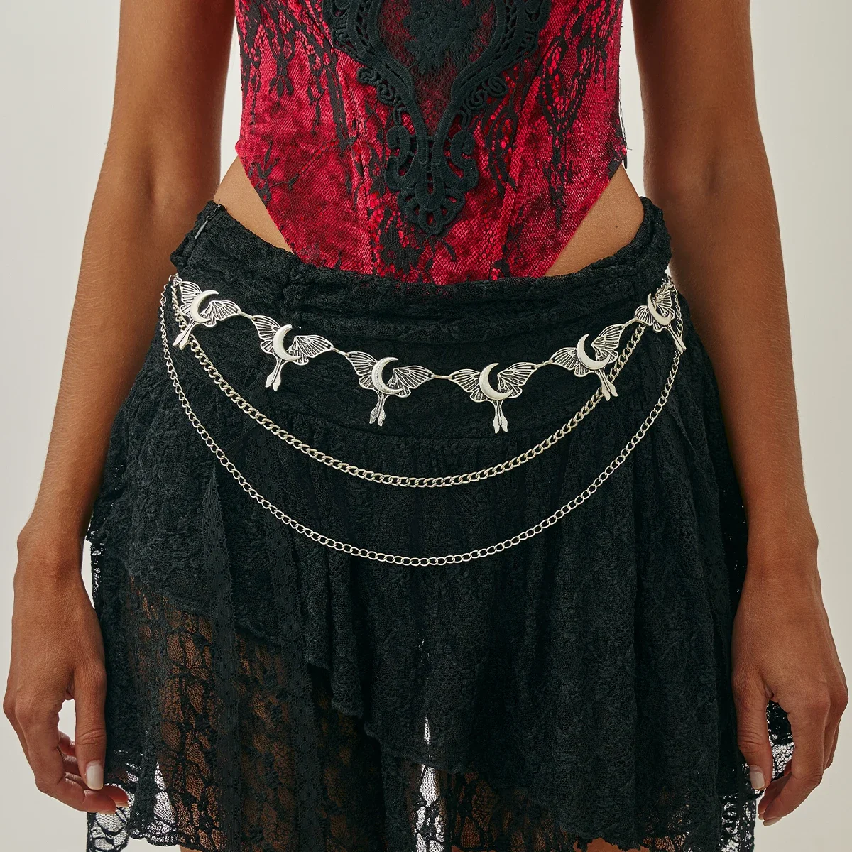 PuRui الموضة الإبداعية فضي اللون فراشة القمر أحزمة وسط معدنية سلسلة المرأة القوطية قابل للتعديل الجسم سلسلة مجوهرات الهالوين