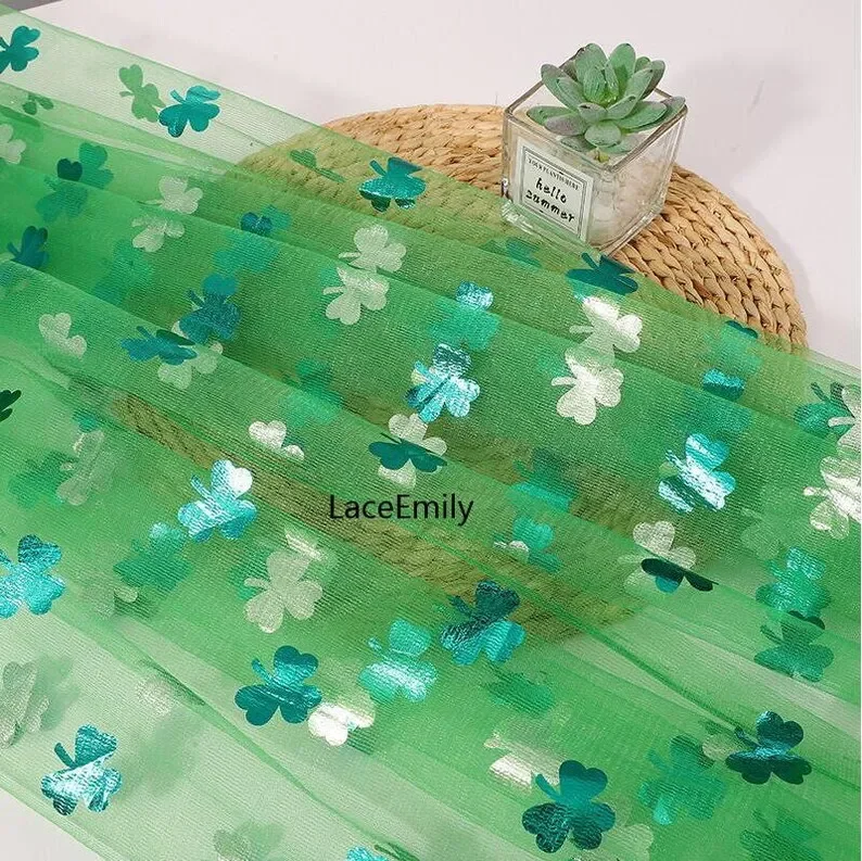 Green clover pattern Lace Fabric Clover print green soft tulle fabric for wedding bridal lace dress veil lace 1 yard 51