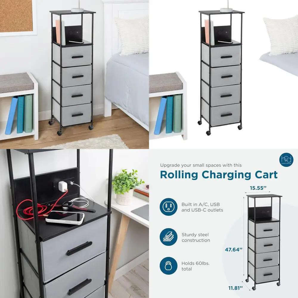 

Тумба-органайзер с 4 выдвижными ящиками из ткани, вертикальным хранением, зарядной станцией, прикроватная тумбочка для общежитий и спален, черная