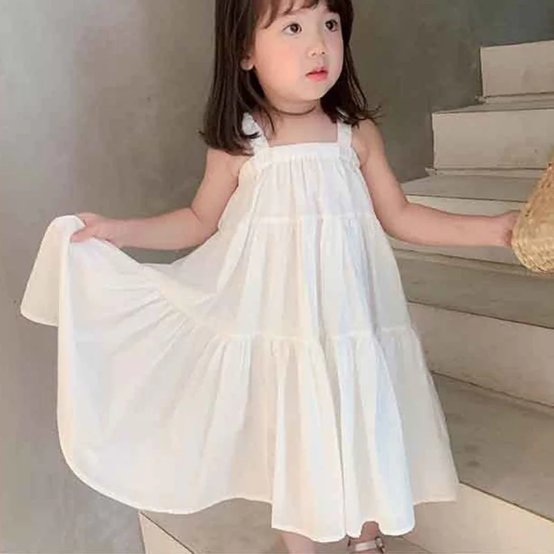 

Summer Kids Solid Color Patchwork Sleeveless Beach Skirt for Children Fashion Casual Square Collar Girls A-line Slip Mid Dresses