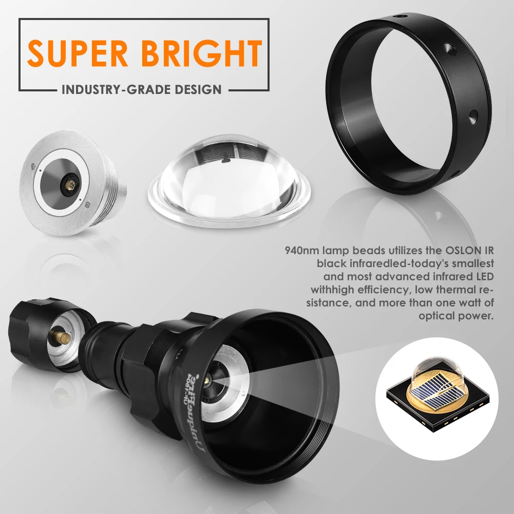 UniqueFire 1503 5W IR 940NM LED Flashlight 50mm Convex Lens Infrared Light 18650 Zoom Torch for Night Vision Outdoor Hunting